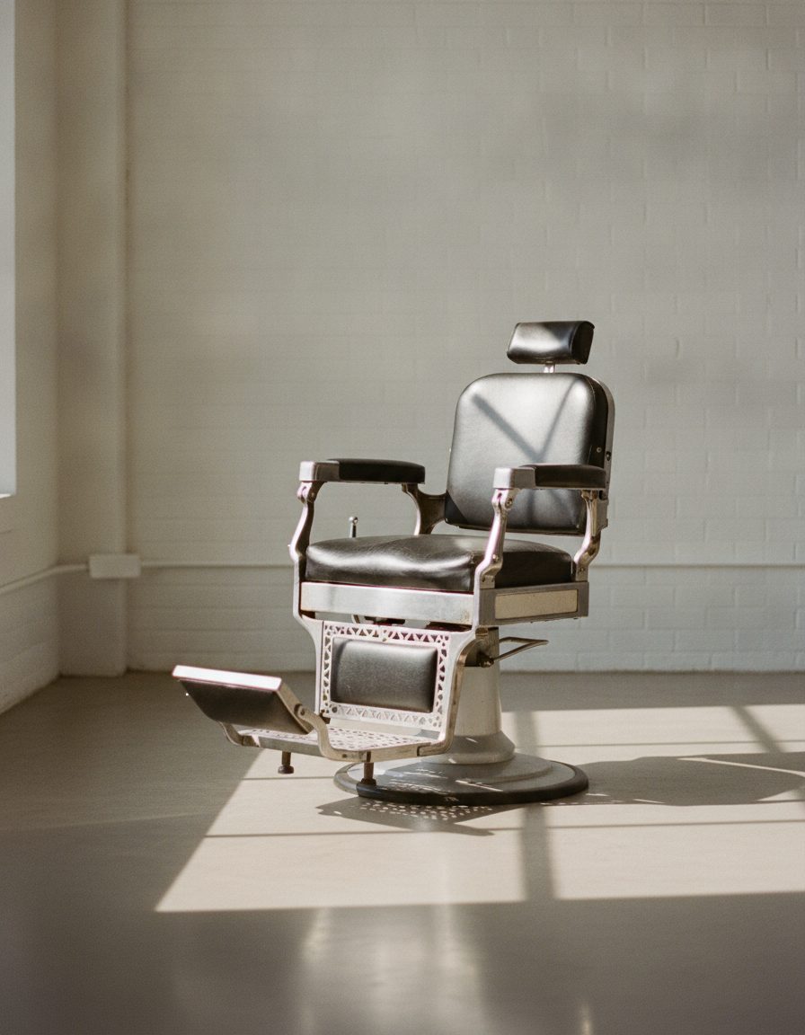 A chrome and leather barber chair standing in bright morning light on a pale concrete floor