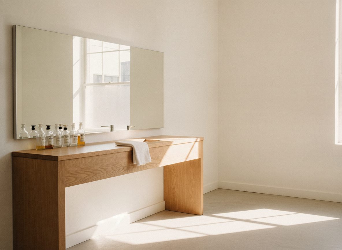 A barber station counter with a mirror reflecting a sunlit window