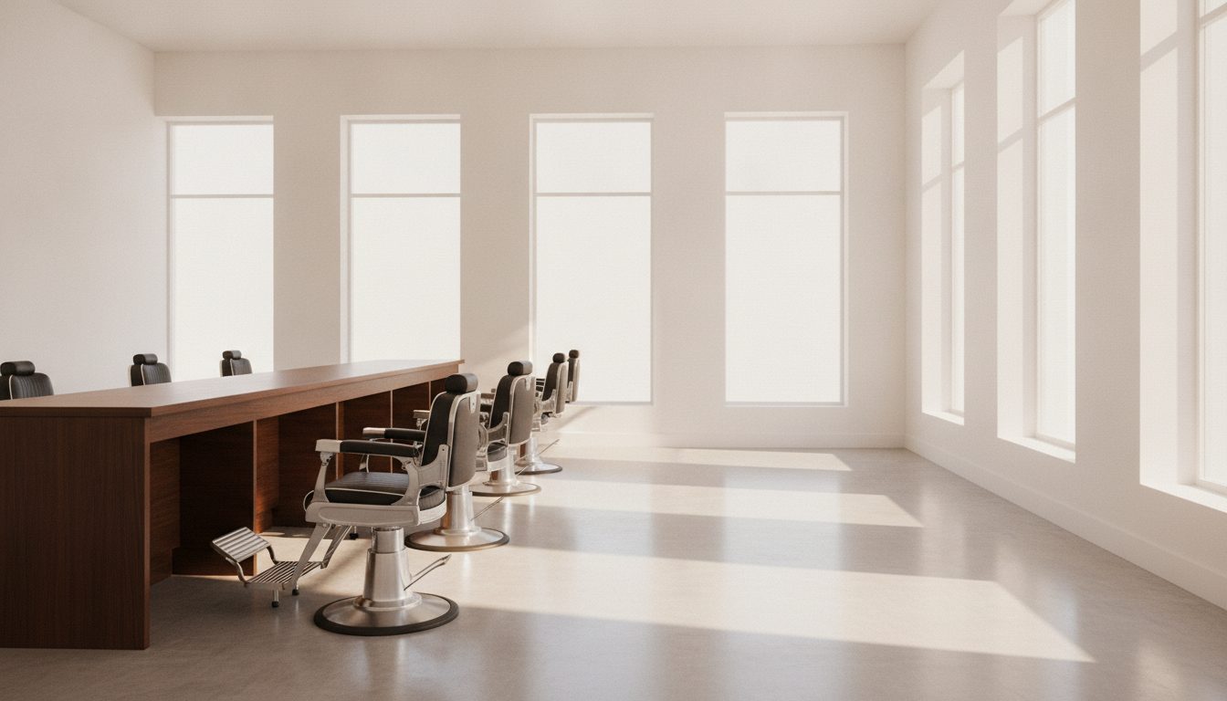 A wide barbershop floor with a row of chairs in afternoon daylight