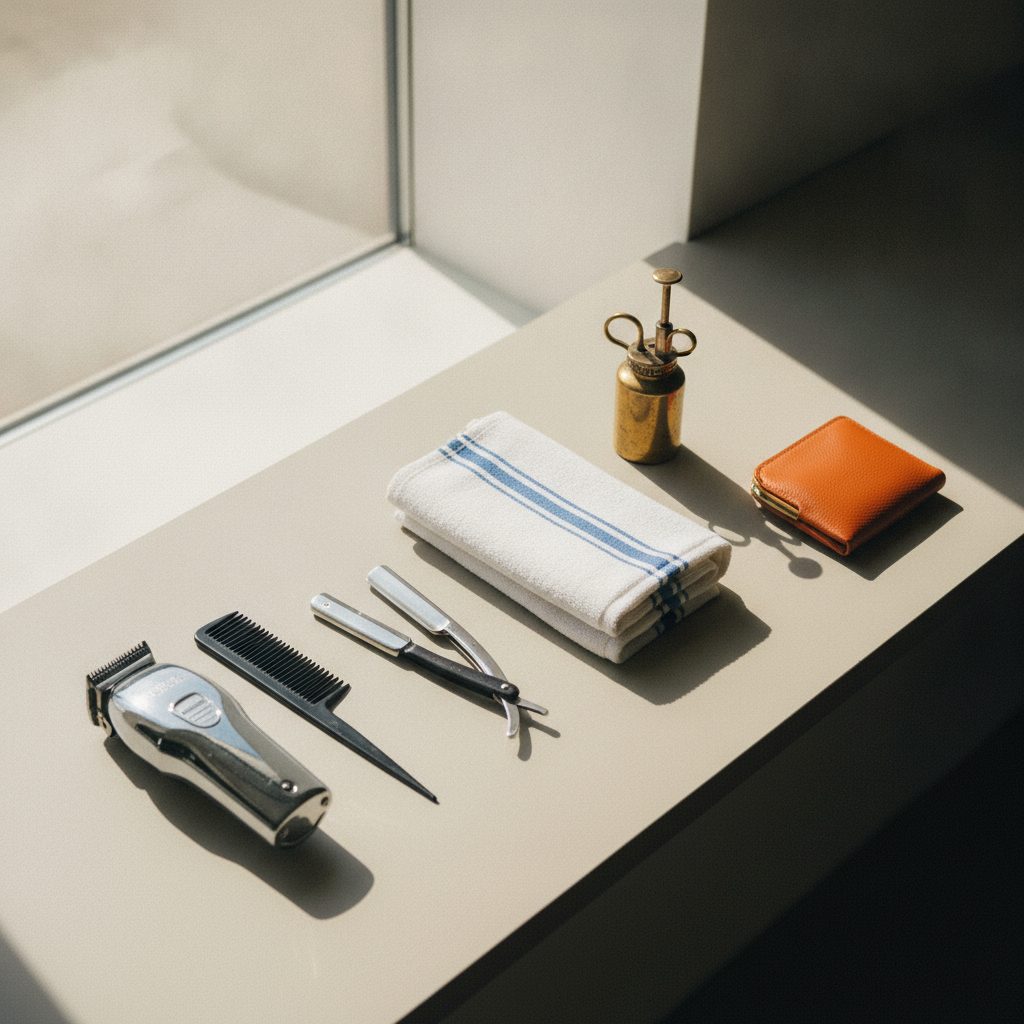 Clippers, comb, straight razor and a folded towel laid out on a pale counter